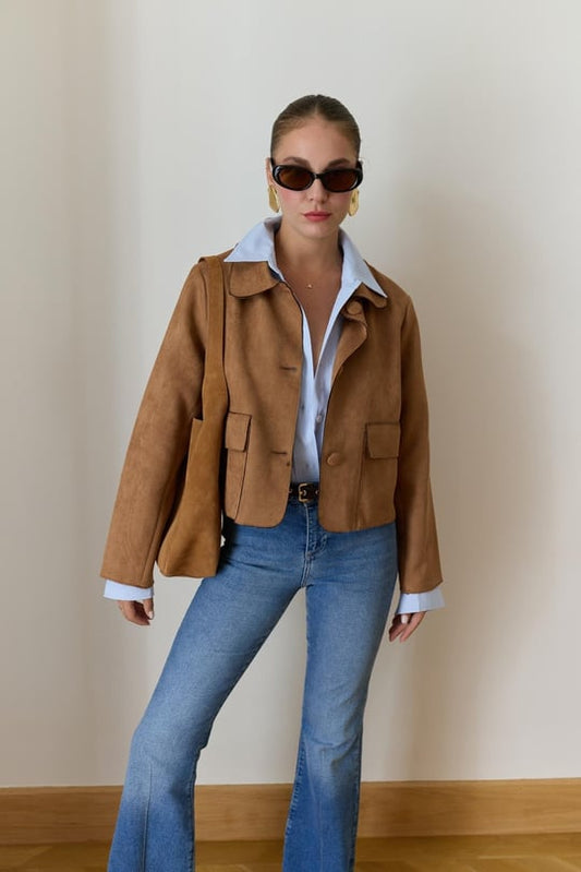 Tan Polo Collar Nubuck Jacket with Front Flap Pockets