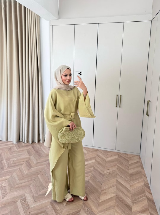 Asymmetric wide sleeve belted top ,waistband wide leg Set - kiwi  GREEN