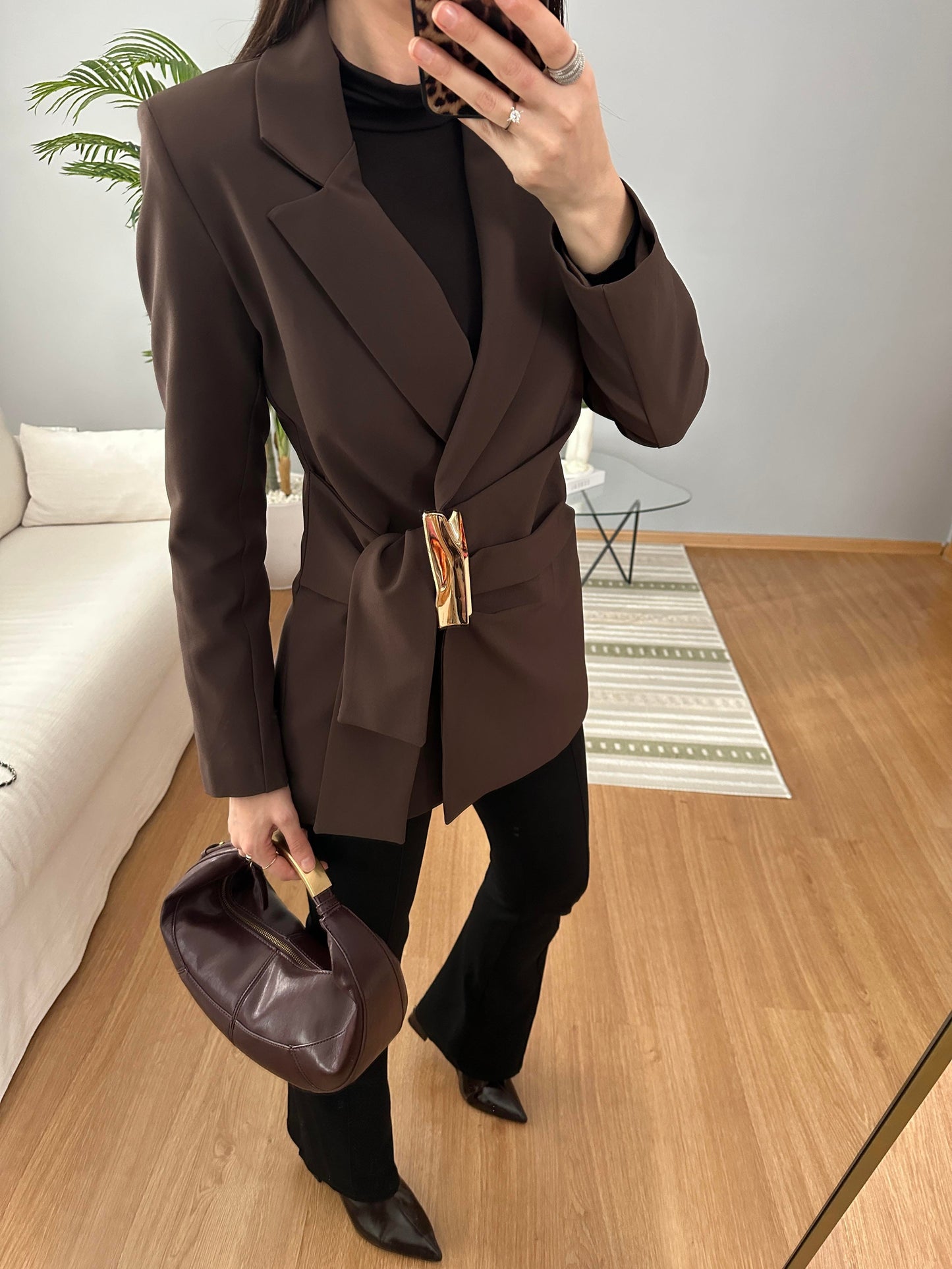 fitted waist a golden buckle detail double-breasted blazer  front fastening with a hidden snap button and tie -  brown