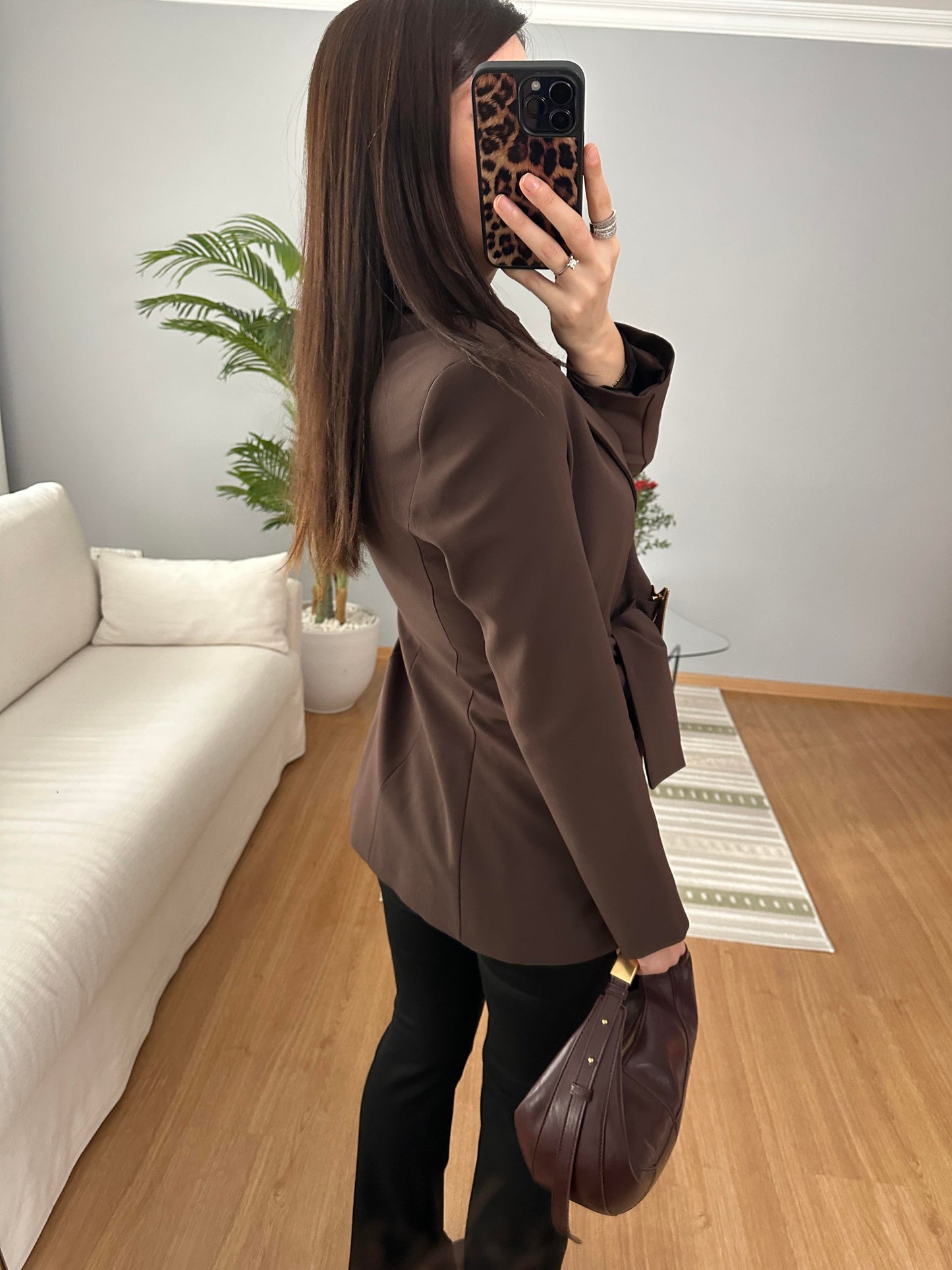 fitted waist a golden buckle detail double-breasted blazer  front fastening with a hidden snap button and tie -  brown