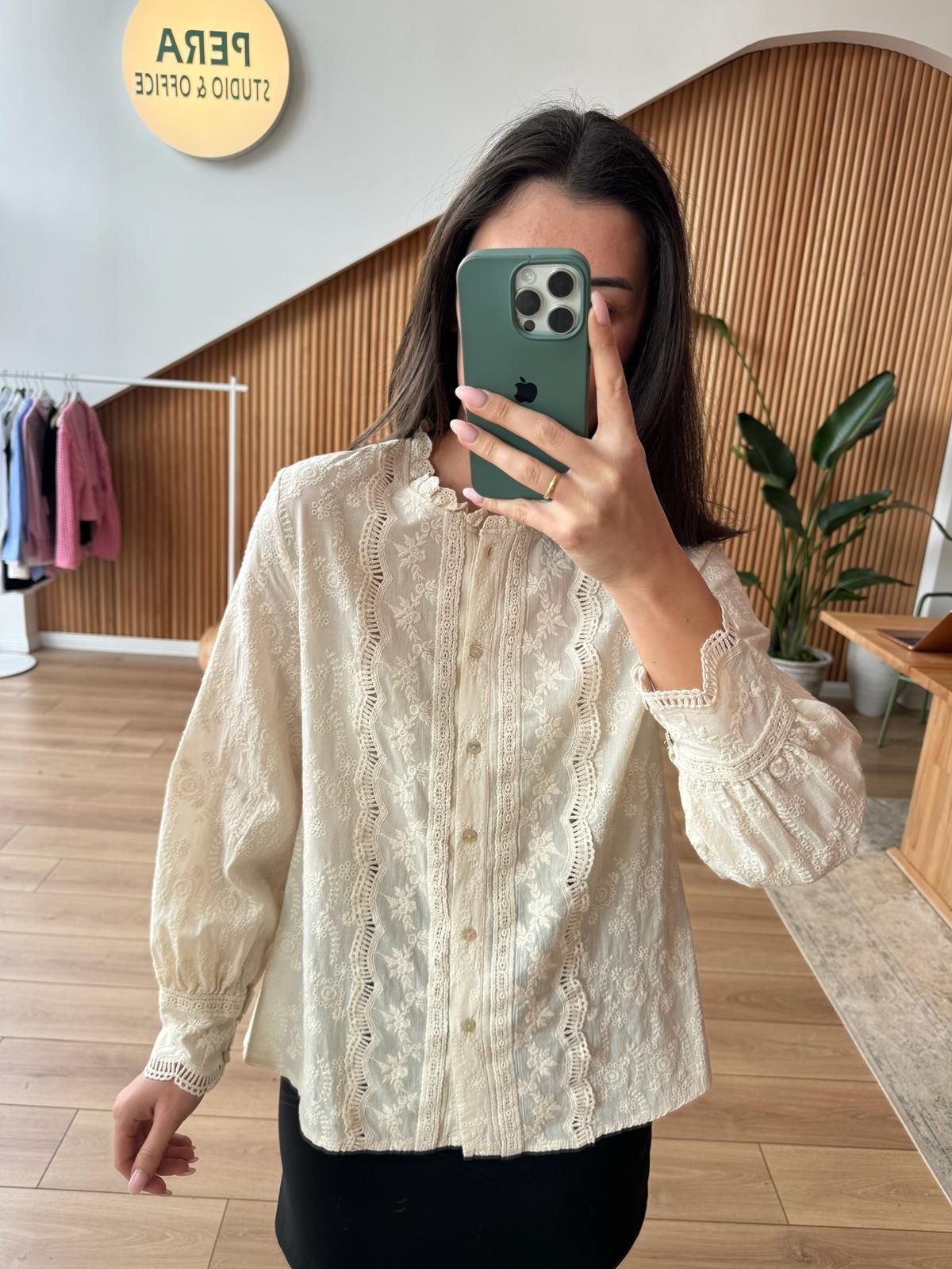 Shirt with openwork embroidery