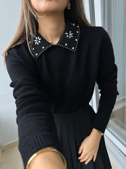 Studded collar knitted blouse