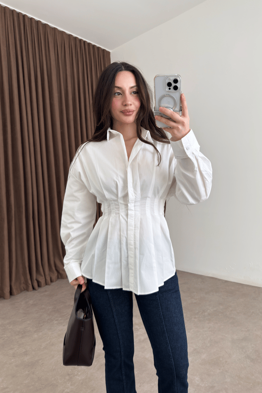 Zara Model Pleated Waist-Fit White Shirt