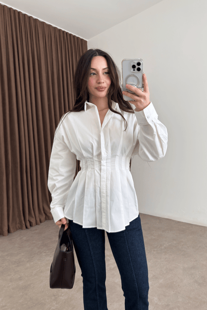 Zara Model Pleated Waist-Fit White Shirt