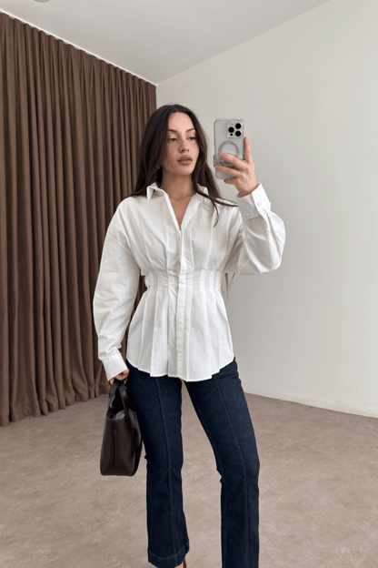 Zara Model Pleated Waist-Fit White Shirt