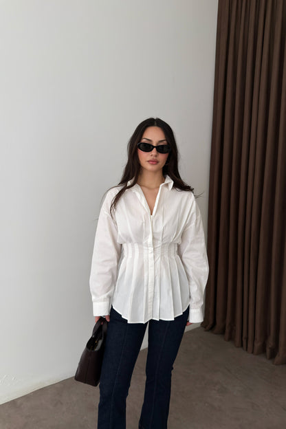 Zara Model Pleated Waist-Fit White Shirt
